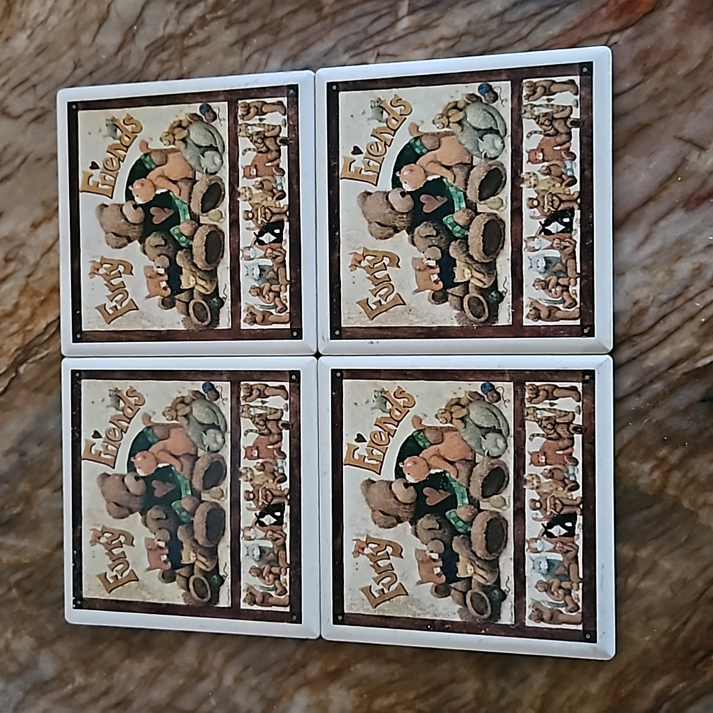 (4) Furry Friends ceramic drink coasters